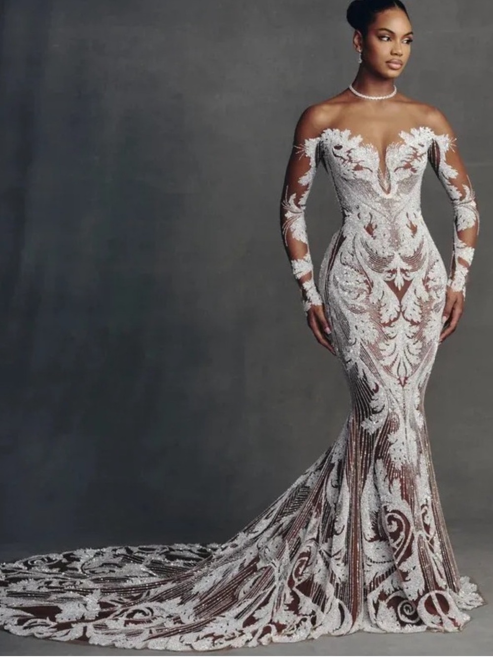 Ivory Beaded Off-Shoulder Mermaid Wedding Gown